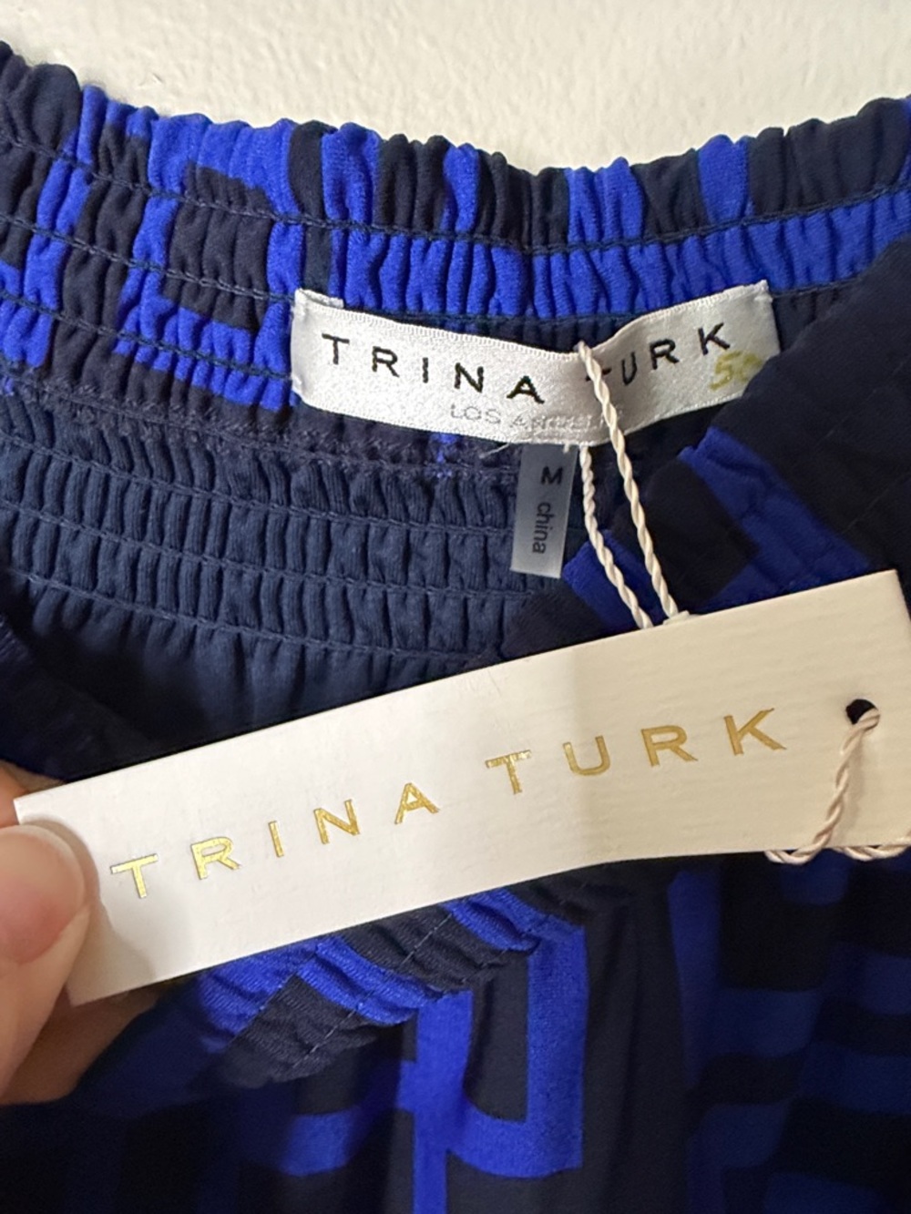 Trina Turk Vibrant Geometric Off-Shoulder Dress in Royal Blue, Gold & Magenta - Picture 3 of 5